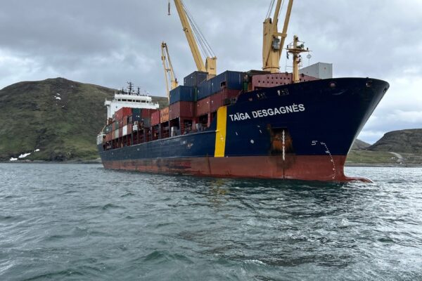 Cargo ship with containers on open sea.